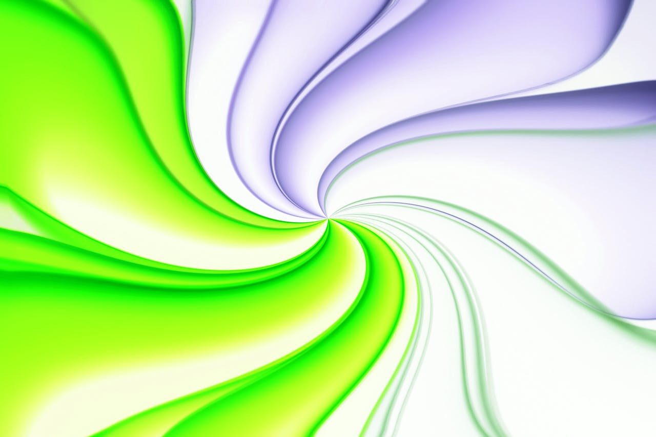 Dynamic abstract art with green and purple swirling patterns evocative of movement and energy.
